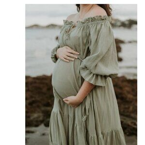 Boho Hazel & Folk Off-Shoulder Sage Maternity Maxi Dress Photoshoot Photography